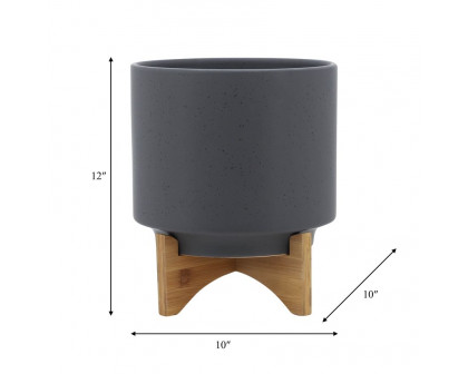 Sagebrook 10" Planter With Wood Stand - Matte Gray