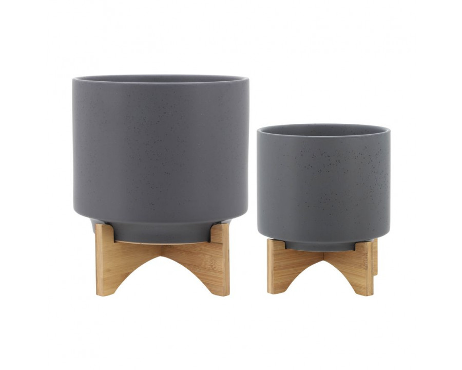 Sagebrook 8"/10" Planters With Wood Stand (Set Of 2) - Matte Gray