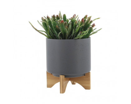 Sagebrook 8"/10" Planters With Wood Stand (Set Of 2) - Matte Gray