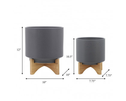 Sagebrook 8"/10" Planters With Wood Stand (Set Of 2) - Matte Gray