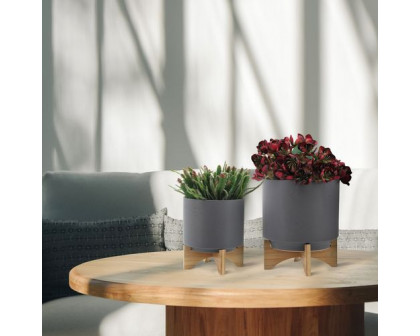 Sagebrook 8"/10" Planters With Wood Stand (Set Of 2) - Matte Gray