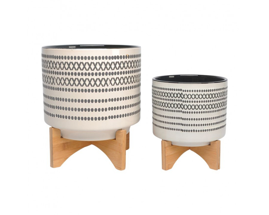 Sagebrook 8"/10" Aztec Planters With Wood Stand (Set Of 2) - Gray