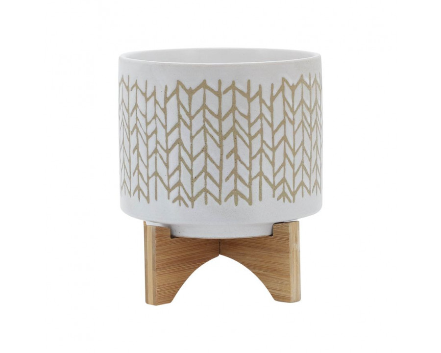 Sagebrook - 8" Chevron Planter With Wood Stand in Beige