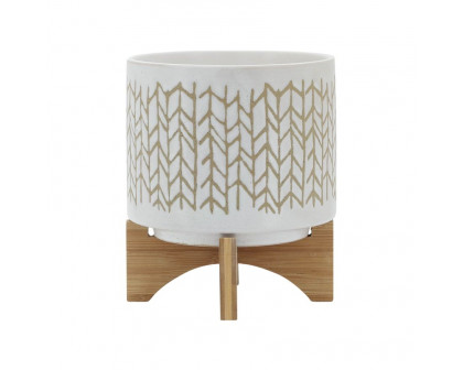 Sagebrook - 8" Chevron Planter With Wood Stand in Beige