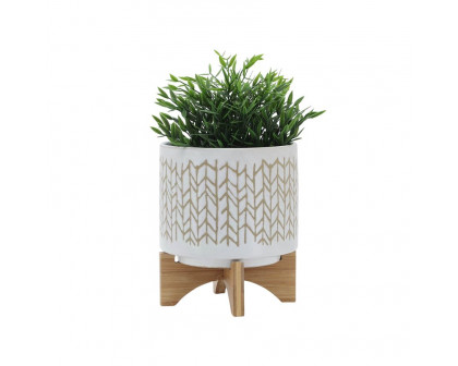 Sagebrook - 8" Chevron Planter With Wood Stand in Beige