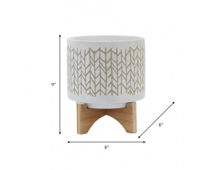 Sagebrook - 8" Chevron Planter With Wood Stand in Beige