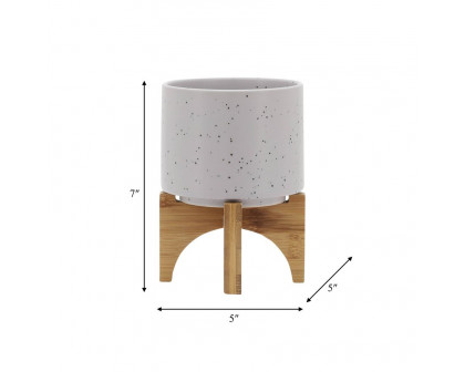 Sagebrook™ 5" Planter With Wood Stand - Matte Beige