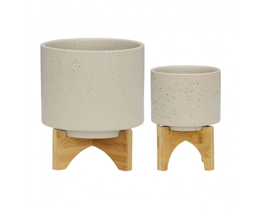 Sagebrook 5"/8" Planters With Wood Stand (Set Of 2) - Matte Beige