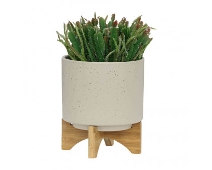 Sagebrook 5"/8" Planters With Wood Stand (Set Of 2) - Matte Beige