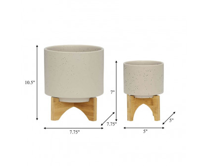 Sagebrook 5"/8" Planters With Wood Stand (Set Of 2) - Matte Beige