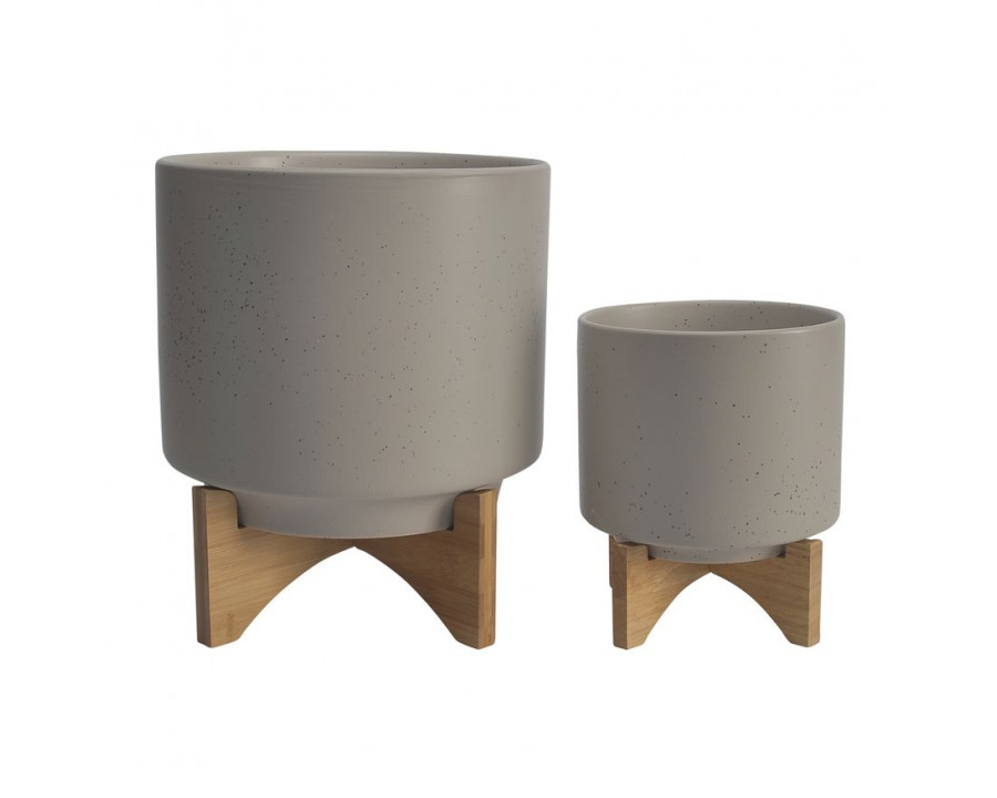 Sagebrook 8"/10" Ceramic Planters With Wood Stand (Set Of 2) - Matte Beige