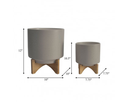 Sagebrook 8"/10" Ceramic Planters With Wood Stand (Set Of 2) - Matte Beige