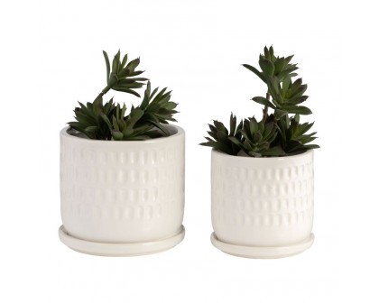 Sagebrook - 5"/6" Dimpled Planters With Saucer (Set Of 2) in White