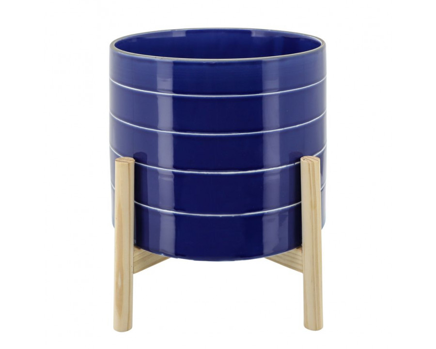 Sagebrook 10" Striped Planter With Wood Stand - Navy