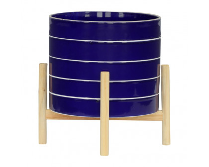 Sagebrook 10" Striped Planter With Wood Stand - Navy