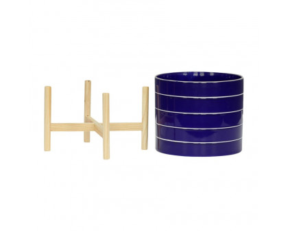 Sagebrook 10" Striped Planter With Wood Stand - Navy