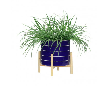 Sagebrook 10" Striped Planter With Wood Stand - Navy