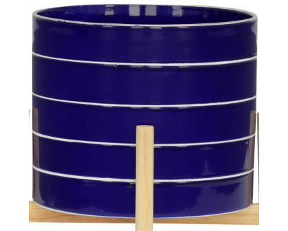 Sagebrook 10" Striped Planter With Wood Stand - Navy