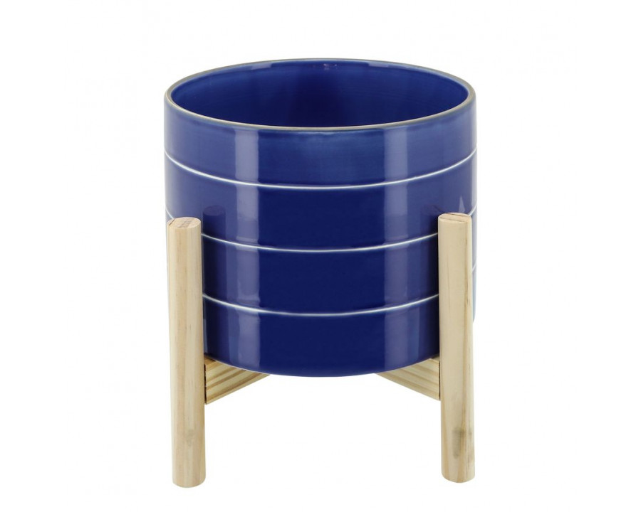 Sagebrook 8" Striped Planter With Wood Stand - Navy