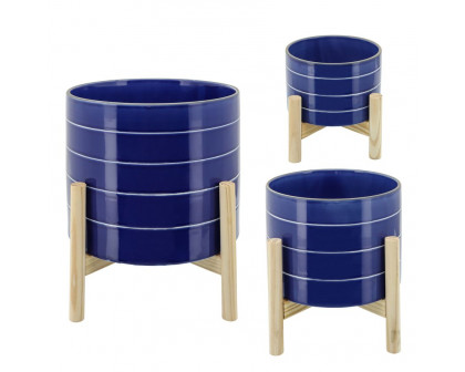 Sagebrook 8" Striped Planter With Wood Stand - Navy