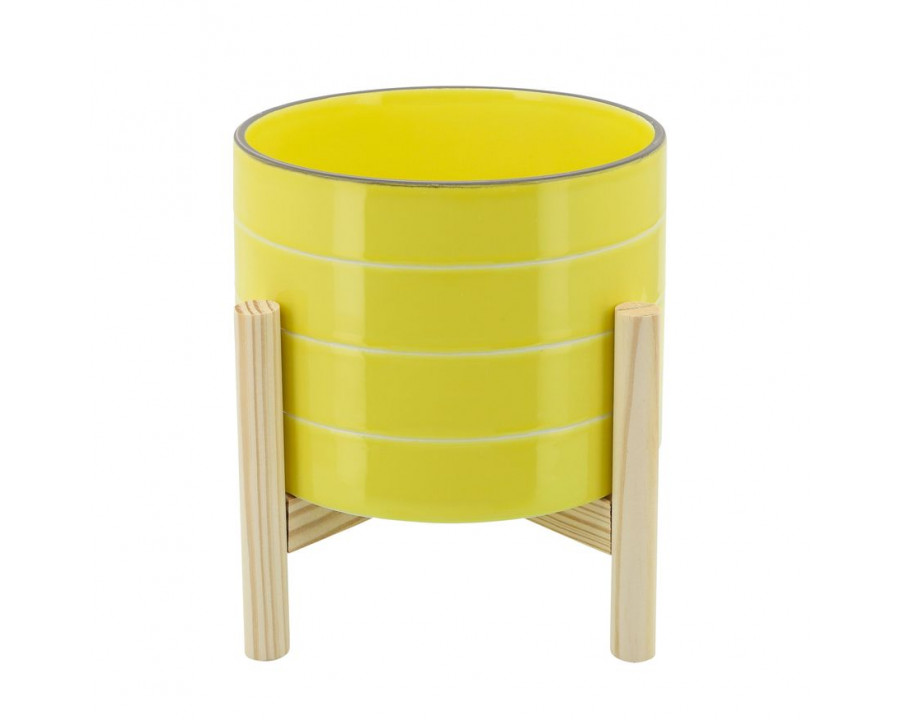 Sagebrook 8" Striped Planter With Wood Stand - Yellow