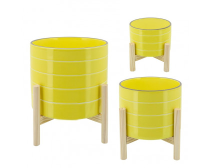 Sagebrook 8" Striped Planter With Wood Stand - Yellow