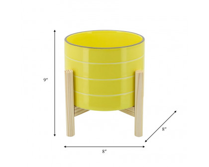 Sagebrook 8" Striped Planter With Wood Stand - Yellow