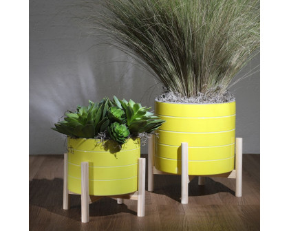 Sagebrook 8" Striped Planter With Wood Stand - Yellow