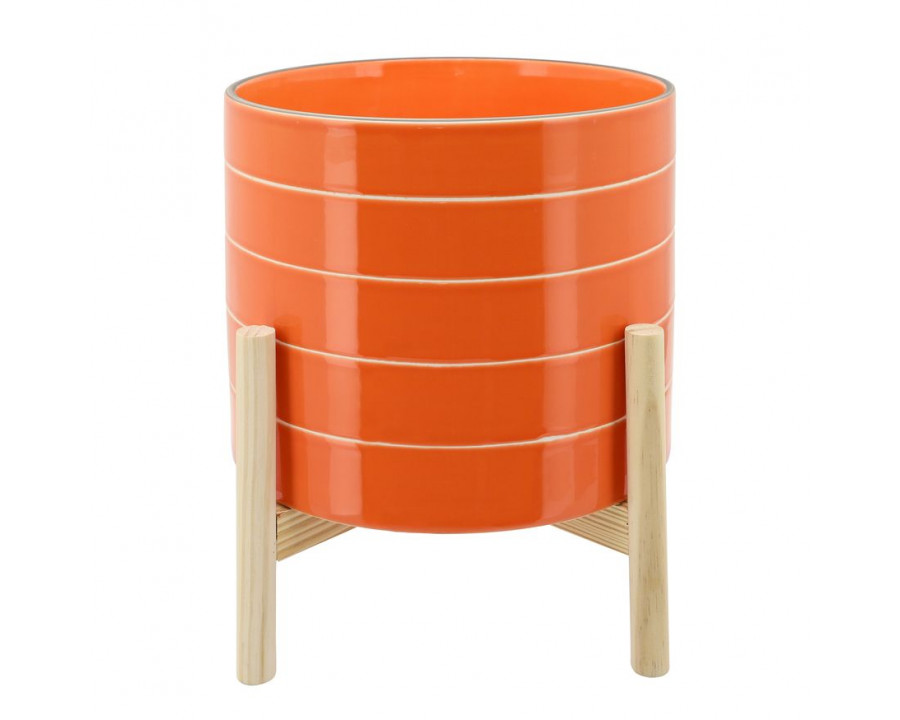 Sagebrook 10" Striped Planter With Wood Stand - Orange