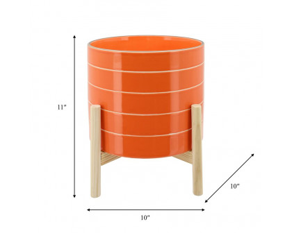 Sagebrook 10" Striped Planter With Wood Stand - Orange