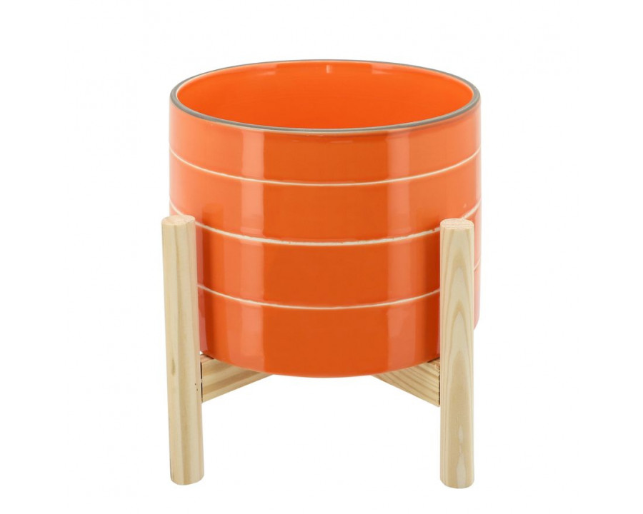 Sagebrook 8" Striped Planter With Wood Stand - Orange