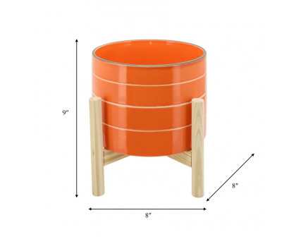 Sagebrook 8" Striped Planter With Wood Stand - Orange