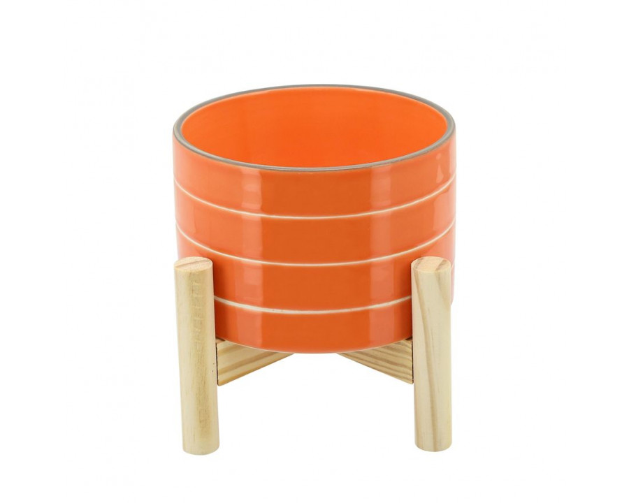 Sagebrook 6" Striped Planter With Wood Stand - Orange