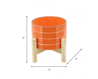 Sagebrook 6" Striped Planter With Wood Stand - Orange