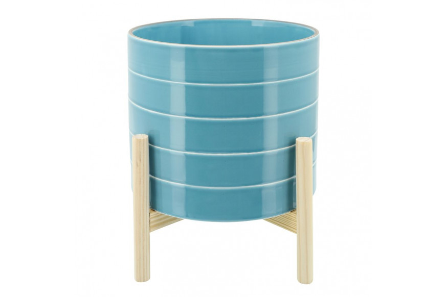 Sagebrook™ 10" Striped Planter With Wood Stand - Skyblue