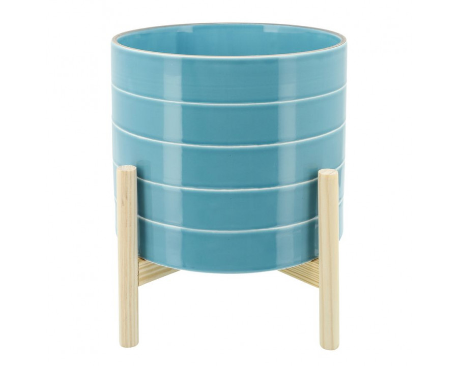 Sagebrook 10" Striped Planter With Wood Stand - Skyblue