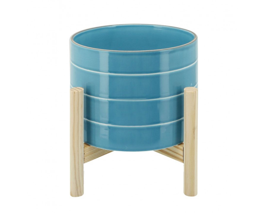 Sagebrook 8" Striped Planter With Wood Stand - Skyblue