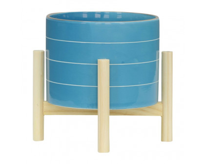 Sagebrook 8" Striped Planter With Wood Stand - Skyblue