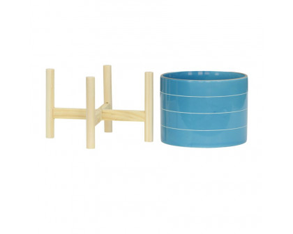 Sagebrook 8" Striped Planter With Wood Stand - Skyblue