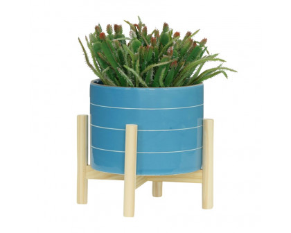 Sagebrook 8" Striped Planter With Wood Stand - Skyblue