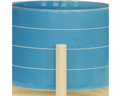 Sagebrook 8" Striped Planter With Wood Stand - Skyblue