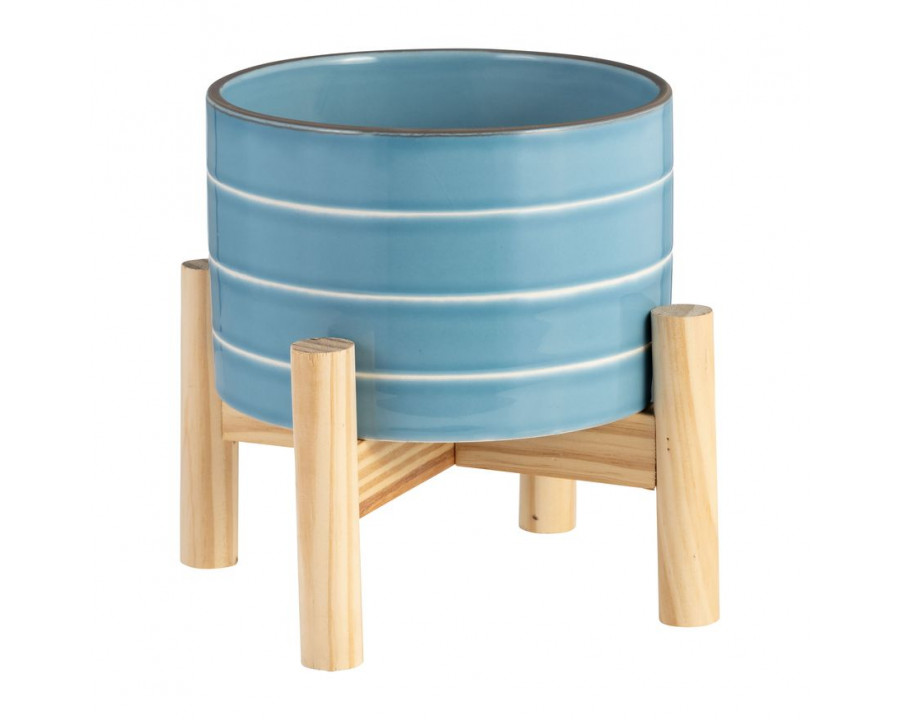 Sagebrook 6" Striped Planter With Wood Stand - Skyblue