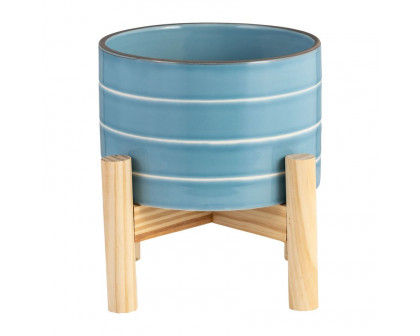 Sagebrook 6" Striped Planter With Wood Stand - Skyblue