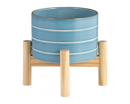 Sagebrook 6" Striped Planter With Wood Stand - Skyblue