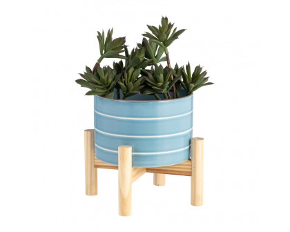 Sagebrook 6" Striped Planter With Wood Stand - Skyblue