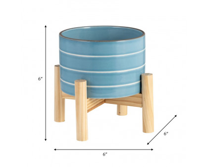 Sagebrook 6" Striped Planter With Wood Stand - Skyblue