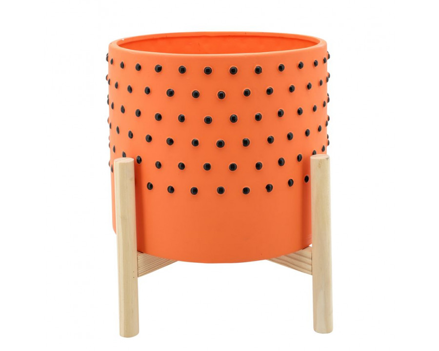 Sagebrook 10" Dotted Planter With Wood Stand - Orange