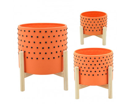 Sagebrook 10" Dotted Planter With Wood Stand - Orange