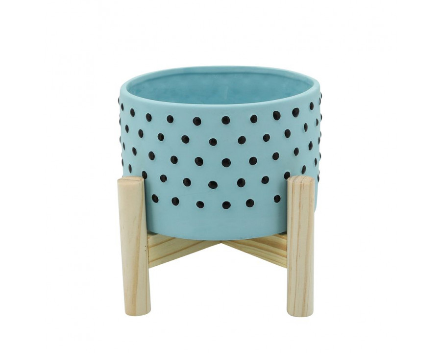 Sagebrook 6" Dotted Planter With Wood Stand - Blue