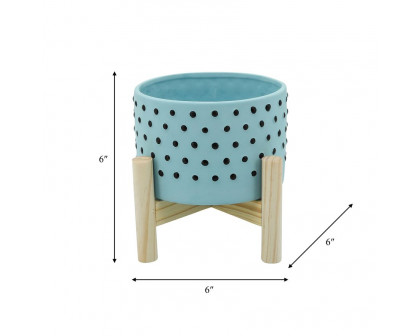 Sagebrook 6" Dotted Planter With Wood Stand - Blue